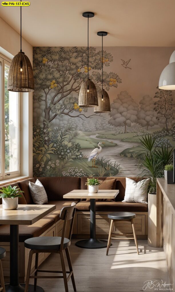 รับพิมพ์วอลเปเปอร์ร้านอาหาร ลายสวนป่า ตามขนาด พร้อมฟรีค่าแบบและภาพพรีวิวก่อนผลิต