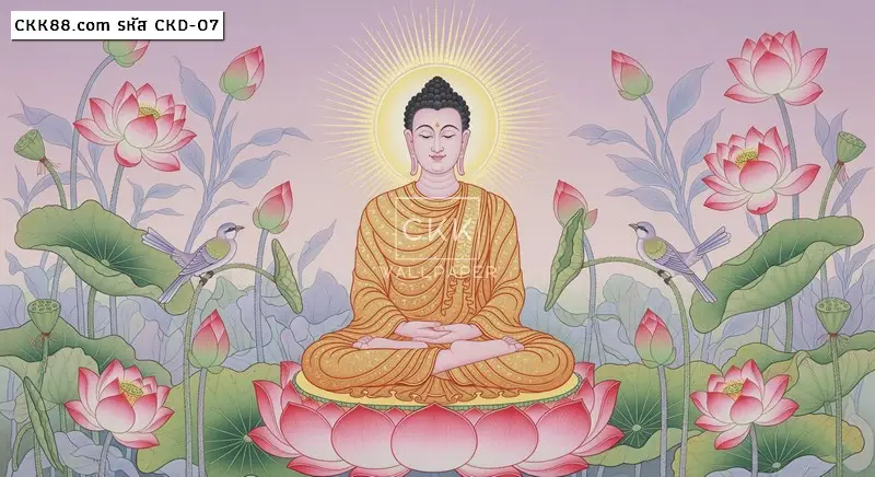 รับพิมพ์ วอลเปเปอร์ลายพระพุทธเจ้าท่ามกลางดอกบัว แต่งผนังห้องพระ