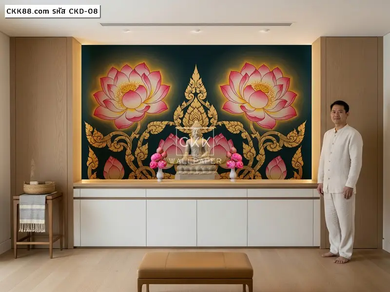 สั่งผลิตวอลเปเปอร์แคนวาสลายดอกบัว ตกแต่งห้องพระให้สวยงามน่าศรัทธา