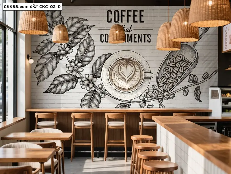 บริการติดตั้ง วอลเปเปอร์ติดผนังร้านกาแฟ คาเฟ่ ภาพวาดลายกาแฟ โดยทีมงานมืออาชีพ