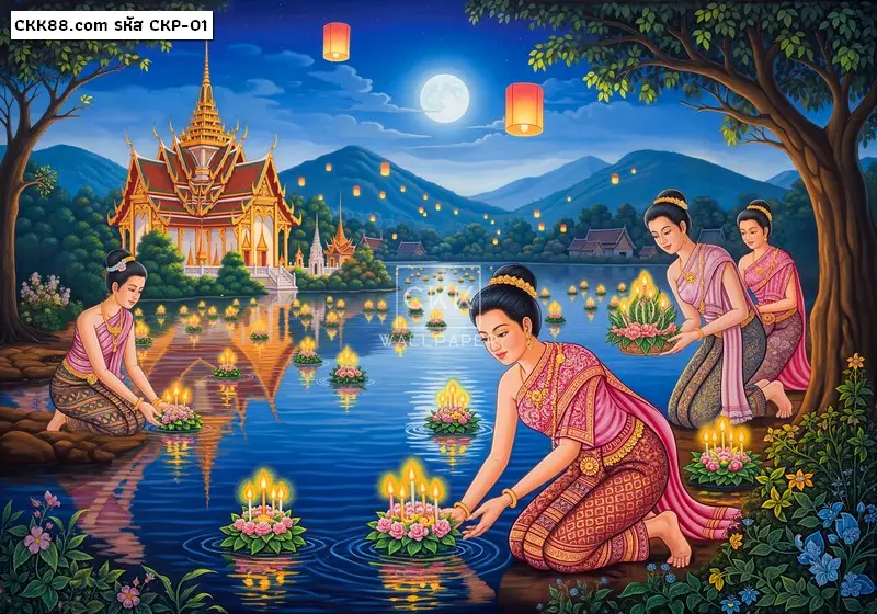 ขาย วอลเปเปอร์ลายภาพวาดวิถีไทยวันลอยกระทง คุณภาพดีสำหรับแต่งผนัง