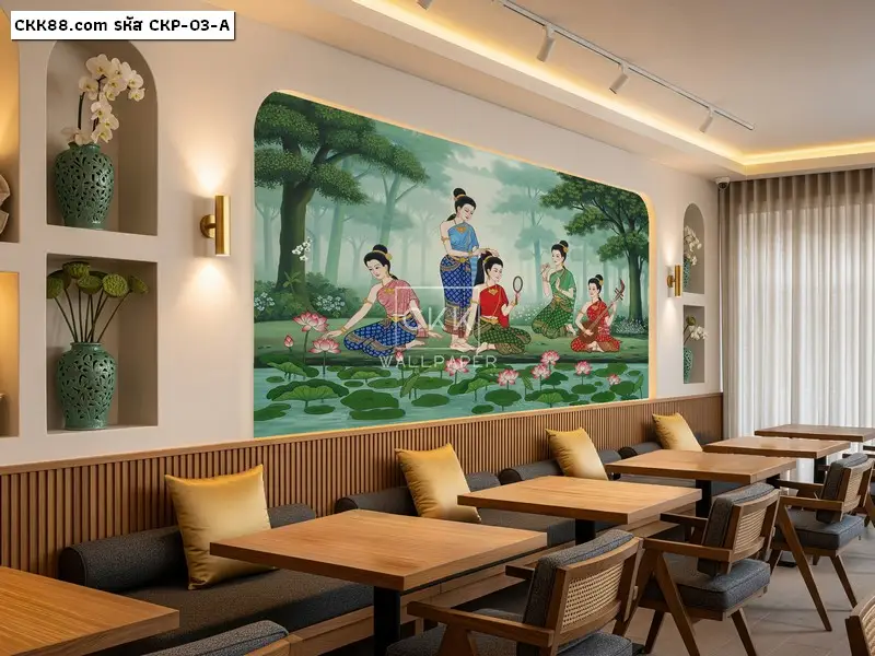 บริการติดตั้ง วอลเปเปอร์ติดผนังร้านนวด ลายหญิงไทย วิถีไทยโบราณ