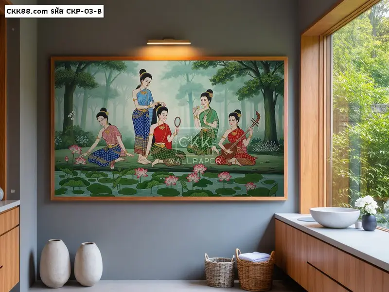 รับพิมพ์ วอลเปเปอร์แต่งผนังร้านสปา ภาพวาดวิถีไทยโบราณ สร้างบรรยากาศ