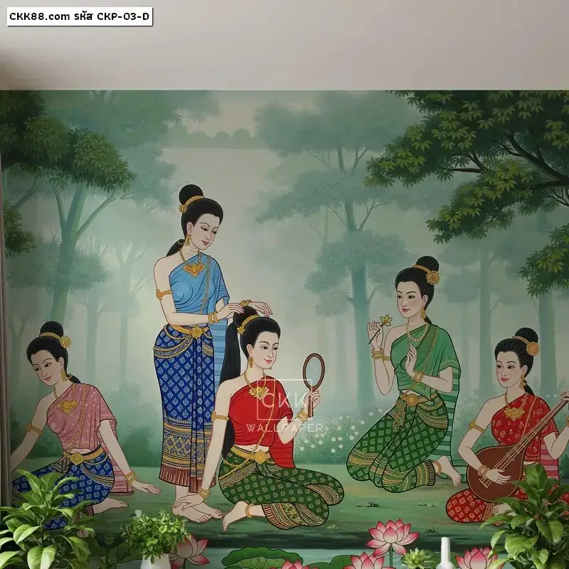 จำหน่าย วอลเปเปอร์ลายหญิงไทยโบราณ ตกแต่งผนังร้านสปา ร้านนวด