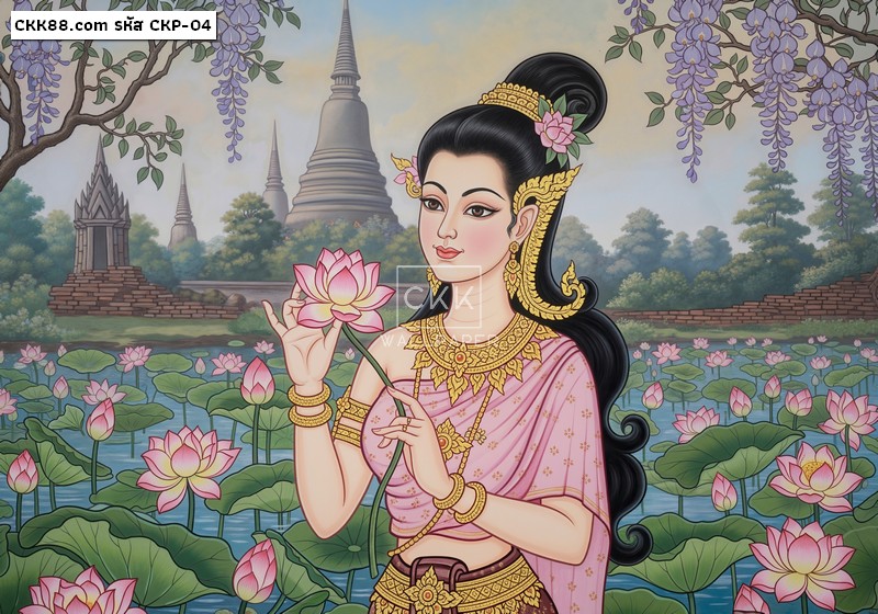 วอลเปเปอร์ลายวิถีไทย ภาพหญิงไทย นั่งพับกลีบดอกบัว แต่งผนังห้อง