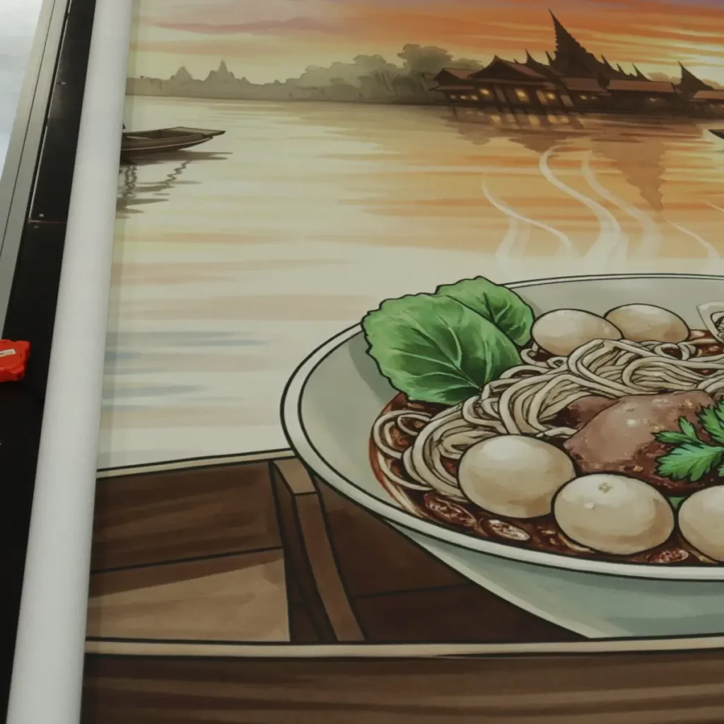 ฉากหลังร้านก๋วยเตี๋ยวเรือสำหรับถ่ายรูปโทนอุ่นสไตล์ไทย เพิ่มเสน่ห์ให้ร้านดูเป็นเอกลักษณ์และดึงดูดสายตา