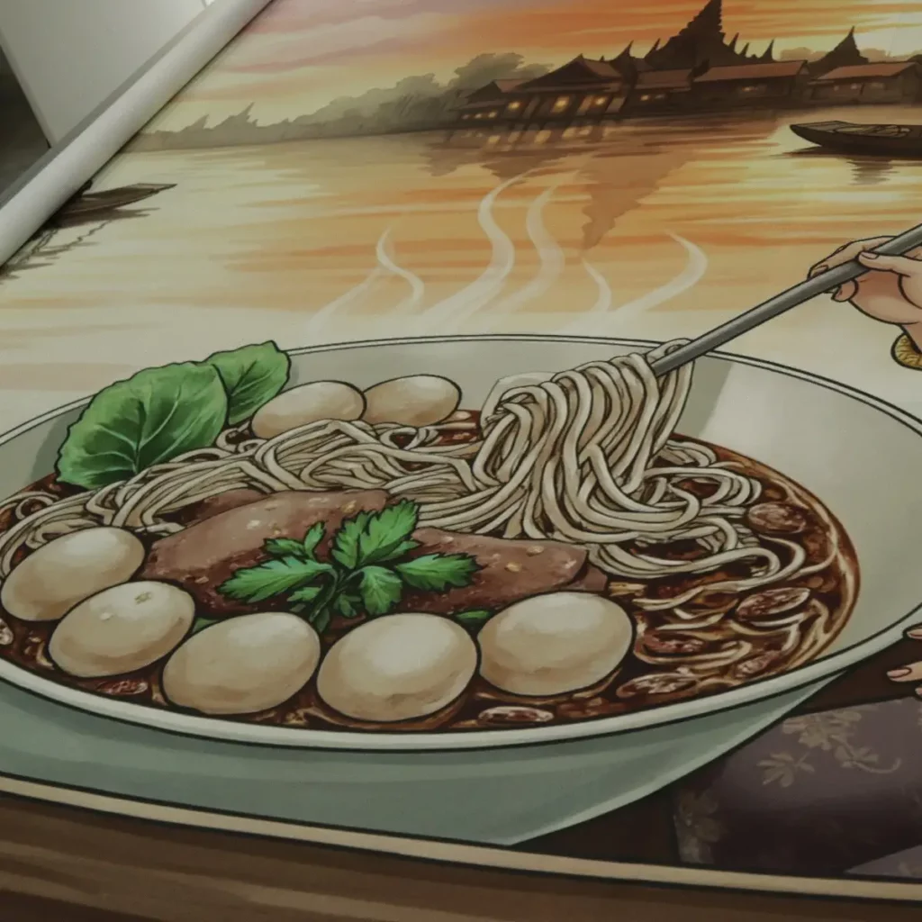 วอลเปเปอร์ออกแบบพร้อมใส่ชื่อร้านก๋วยเตี๋ยวลวดลายไทยและฉากแม่น้ำ พิมพ์คมชัดช่วยเพิ่มเอกลักษณ์ให้ร้าน