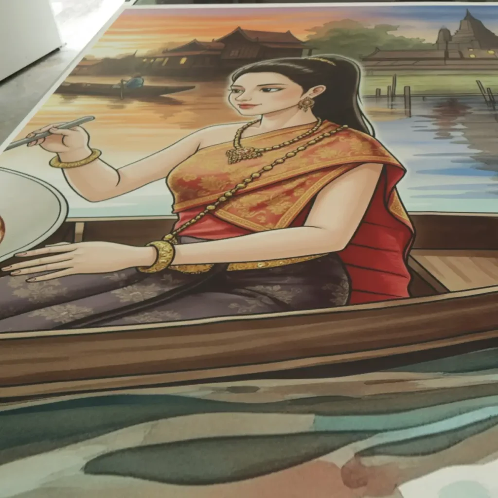 รับพิมพ์วอลเปเปอร์ร้านร้านก๋วยเตี๋ยวงานผ้าแคนวาสสีสดคมชัด เหมาะใช้ตกแต่งผนังให้ร้านดูน่าเข้าและโดดเด่น