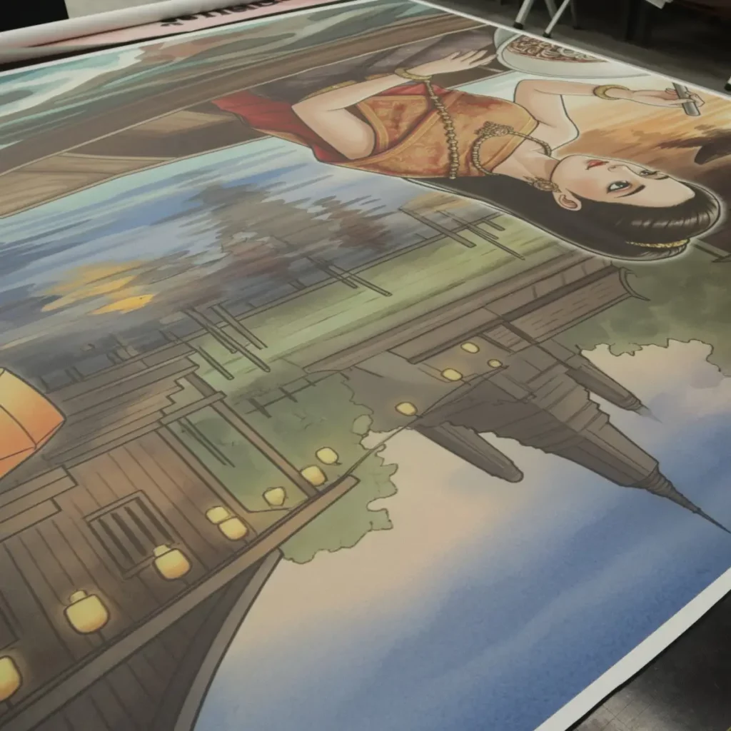 ภาพวาดแม่ค้าขายก๋วยเตี๋ยวลายละเอียดสูง ใช้ตกแต่งผนังเพื่อเสริมกลิ่นอายไทยและเพิ่มความน่าสนใจของร้าน