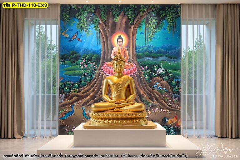 ภาพพิมพ์ลายพระพุทธเจ้าแสดงปฐมเทศนา จุดเริ่มต้นแห่งพระพุทธศาสนา งดงามด้วยศิลปะไทย