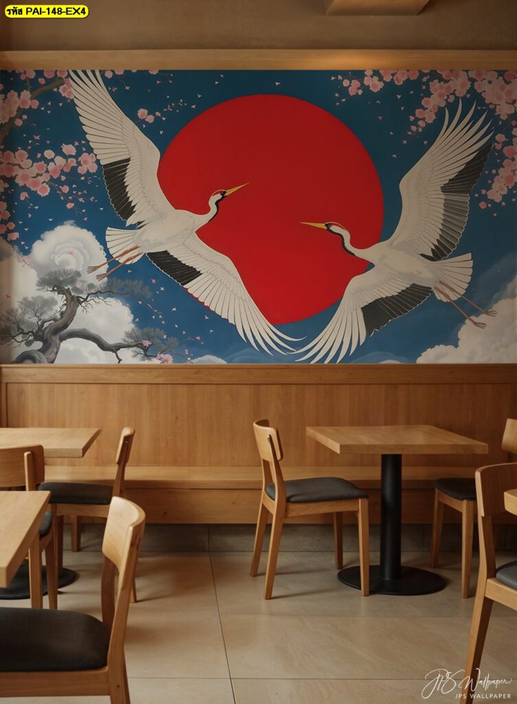 ภาพวาดนกญี่ปุ่นบนผนังร้านอาหาร สร้างบรรยากาศน่าประทับใจ