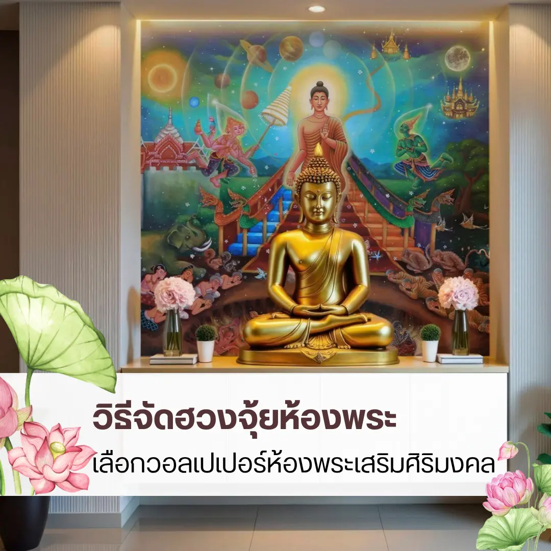 ห้องพระสวย มีพลังบวก ด้วยวอลเปเปอร์ลายไทยถูกหลักฮวงจุ้ย