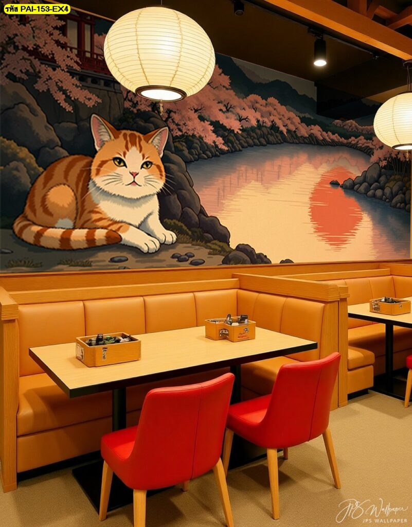 ไอเดียตกแต่งห้องร้านอาหารญี่ปุ่นด้วยภาพแมวญี่ปุ่นสไตล์มินิมอล