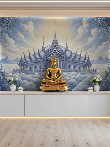 วอลเปเปอร์สั่งพิมพ์ วอลเปเปอร์ลายปราสาทสวรรค์ ตกแต่งผนังห้องพระ วัด