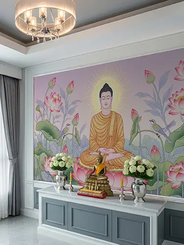 บริการติดตั้ง ภาพพระพุทธรูปนั่งสมาธิในสวนดอกบัว แต่งผนังห้องพระ