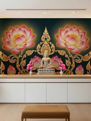 ทีมงานช่างติดตั้ง วอลเปเปอร์ติดผนังลายดอกบัว แต่งห้องพระด้วยความประณีต