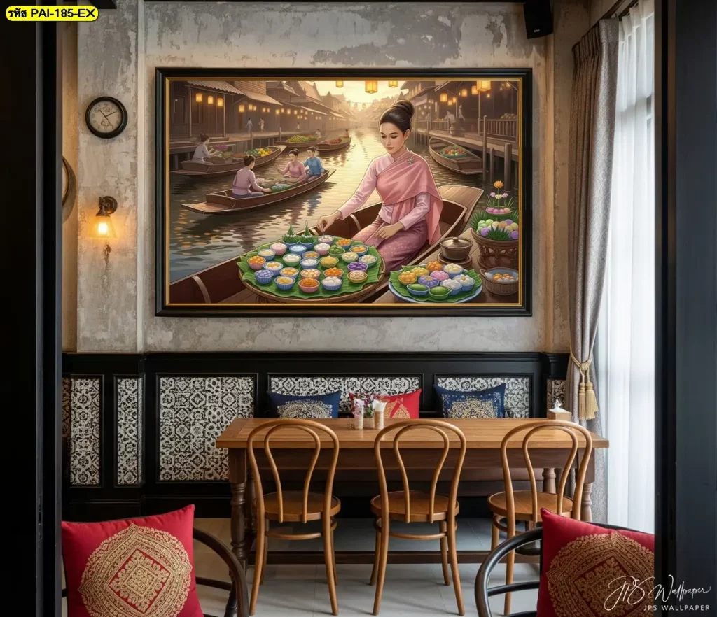 วอลเปเปอร์ตกแต่งร้านขนมไทย ฉากตลาดน้ำแบบดั้งเดิม เสริมประสบการณ์ลูกค้าตั้งแต่ก้าวแรกที่เข้าร้าน
