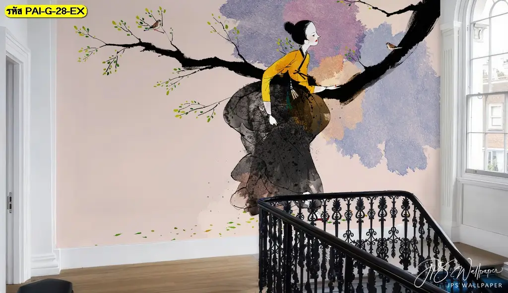 วอลเปเปอร์ตกแต่งร้านอาหารเกาหลี สไตล์ศิลป์ร่วมสมัย เหมาะกับร้านอาหารและคาเฟ่เกาหลี ภาพฮันบกบนผนังร้านอาหารเกาหลี ช่วยให้บรรยากาศดูอบอุ่นและน่าเข้าใช้บริการ
