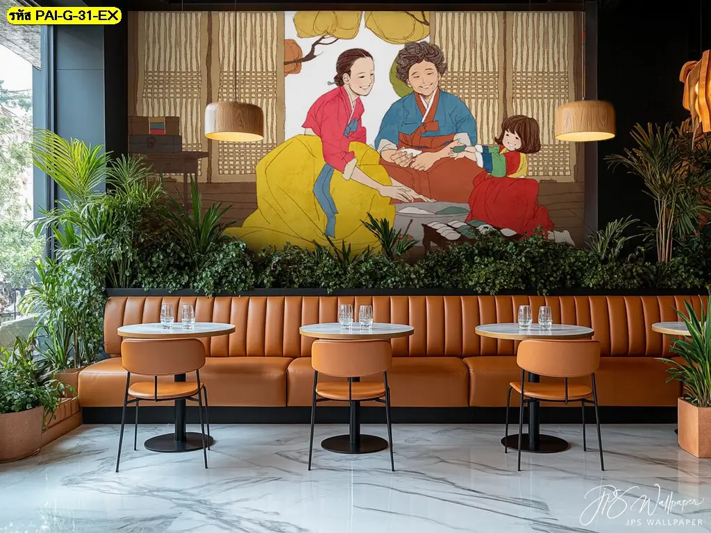 ภาพติดผนังร้านอาหารเกาหลี โทนอบอุ่น ช่วยให้ลูกค้ารู้สึกสบายตั้งแต่แรกเห็น วอลเปเปอร์ร้านอาหารเกาหลี ที่ออกแบบให้ภาพดูพอดีกับผนังและพื้นที่จริง
