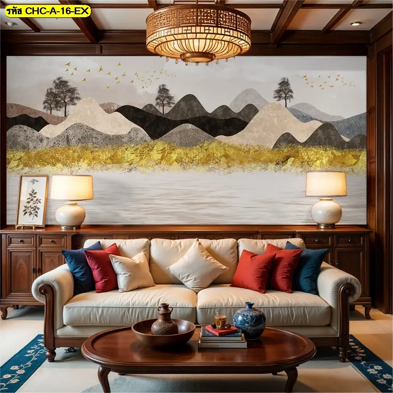 ภาพวาดภูเขาสีทอง ที่ช่วยให้พื้นที่ดูนิ่ง สุขุม และน่าพักผ่อน golden mountain wall mural สำหรับผู้ที่ชอบความพรีเมียมแบบไม่ฉูดฉาด
