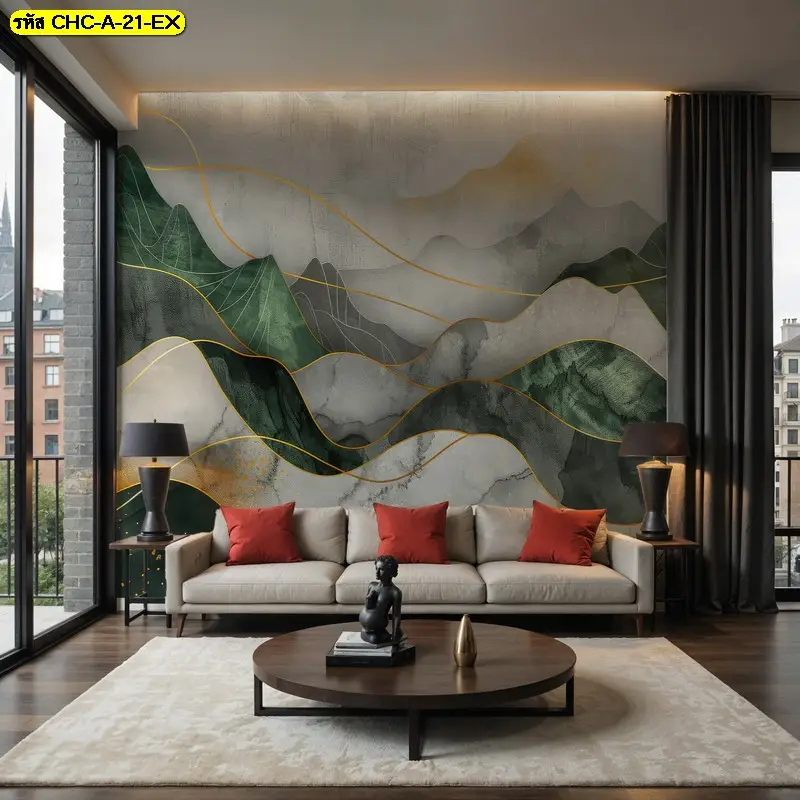 วอลเปเปอร์ภูเขาฮวงจุ้ย โทนสีสบายตา เหมาะกับห้องรับแขกและโถงต้อนรับ ภาพภูเขาฮวงจุ้ยที่มีมิติ ช่วยให้พื้นที่ดูเป็นระเบียบและมีชั้นเชิง
