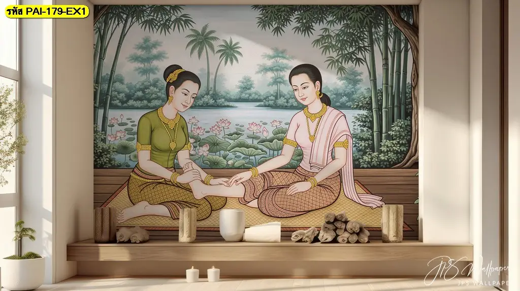 วอลเปเปอร์ร้านนวดโทนอบอุ่น ลวดลายศิลป์แบบวอลเปเปอร์ลายนวดแผนไทย เหมาะกับร้านที่ต้องการให้ลูกค้าจดจำ