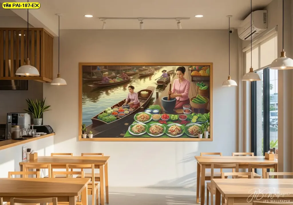 ภาพวอลเปเปอร์ติดผนังร้านอาหารอีสาน แสดงวิถีชีวิตท้องถิ่น สร้างความอบอุ่นให้ลูกค้า วอลเปเปอร์ร้านส้มตำ ภาพศิลปะอีสานร่วมสมัย ช่วยยกระดับบรรยากาศร้านอาหาร
