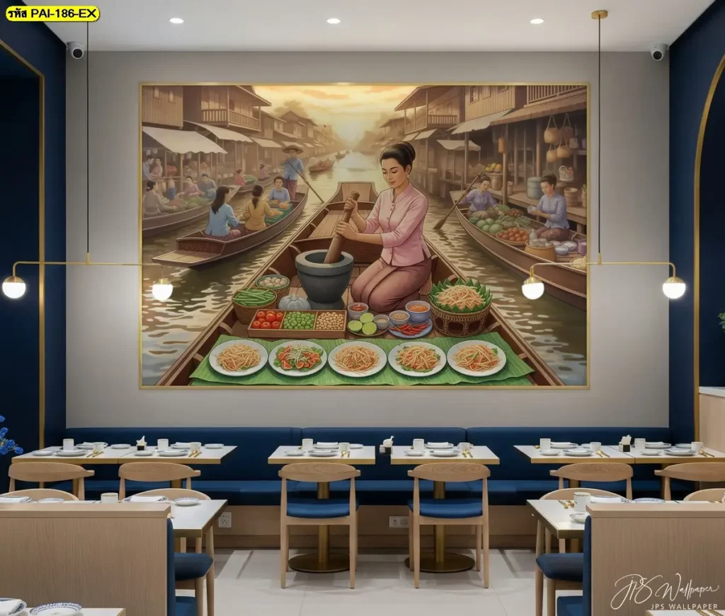 ภาพตกแต่งร้านอาหารอีสาน แม่ค้าส้มตำกับท่าทางการทำอาหารที่ดูมีชีวิตชีวา
