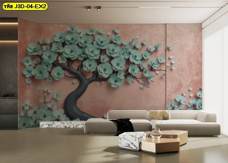 ภาพวอลเปเปอร์ดอกไม้ 3 มิติ โทนฟ้าและชมพู ช่วยให้ผนังดูมีมิติและผ่อนคลาย วอลเปเปอร์ดอกไม้สีฟ้า 3 มิติ ถ่ายทอดความสงบ เหมาะกับห้องนั่งเล่นและพื้นที่พักผ่อน

