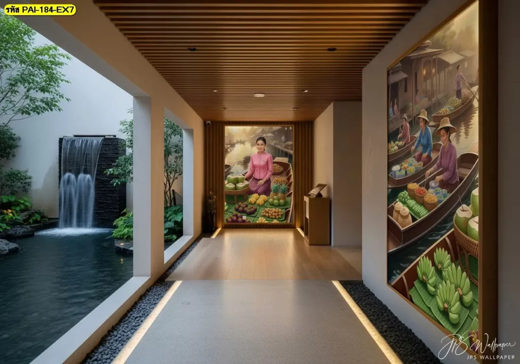 งานวอลเปเปอร์ตกแต่งร้านผลไม้ สั่งผลิตตามขนาดพื้นที่จริง เพื่อความสมดุลของผนัง

