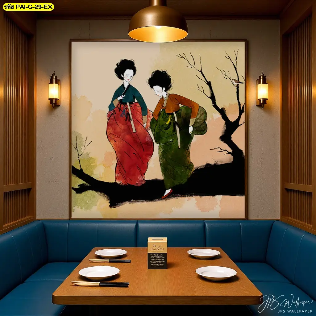 ภาพวาดหญิงเกาหลีในชุดฮันบก ช่วยให้ลูกค้าเข้าใจธีมร้านโดยไม่ต้องอ่านเมนู Korean hanbok wall mural ที่ช่วยยกระดับภาพลักษณ์ร้านอาหารเกาหลีให้ดูเป็นมืออาชีพ
