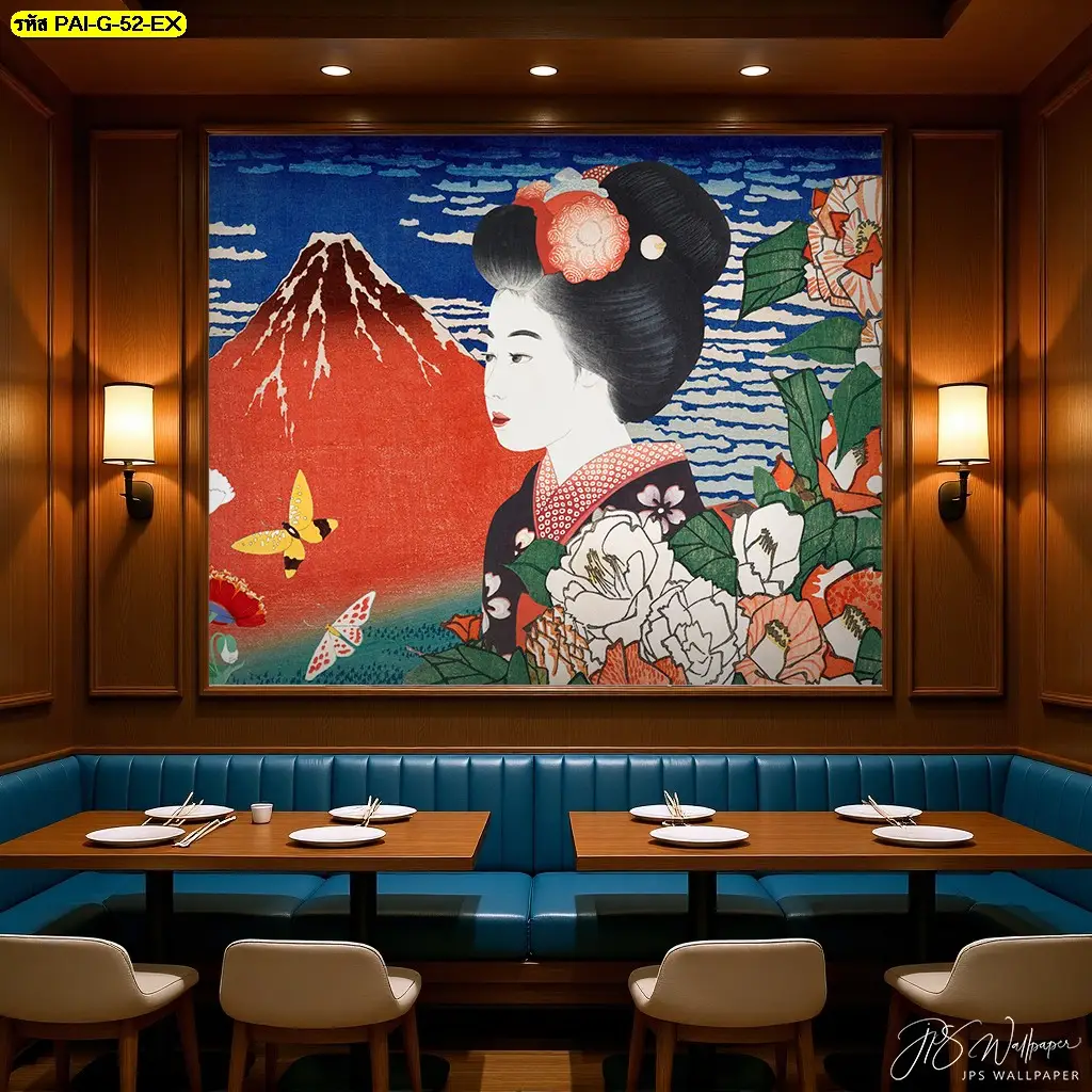 ภาพติดผนังร้านอาหารเกาหลี ออกแบบให้จังหวะภาพเรียบ ไม่ทำให้พื้นที่ดูแน่น ภาพศิลปะเกาหลีโทนอบอุ่น ช่วยให้ร้านดูผ่อนคลายและน่านั่งนานขึ้น