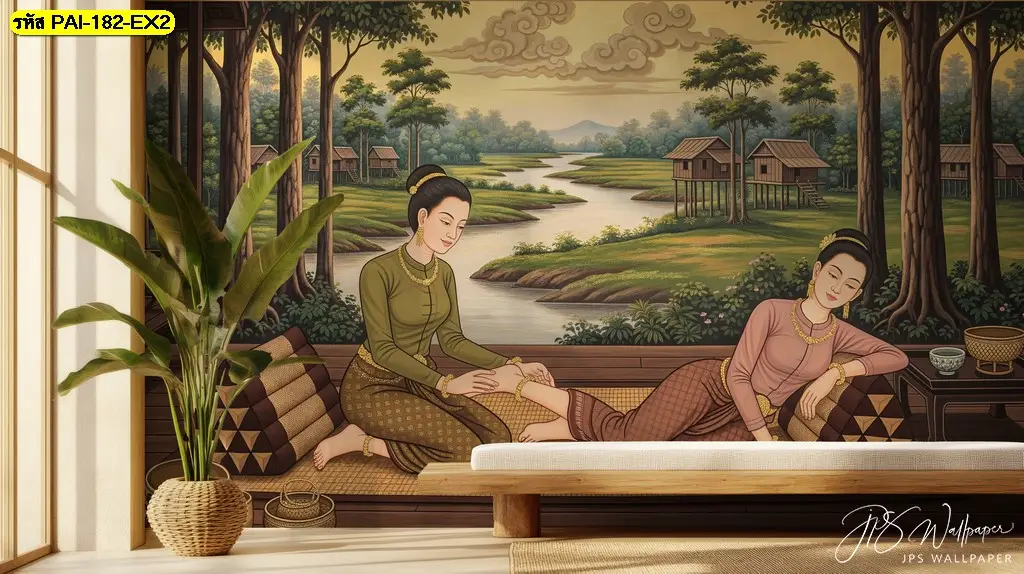ภาพวาดผู้หญิงไทยนวดที่ใช้ตกแต่งผนังร้านนวด ถ่ายทอดความนุ่มนวลผ่านวอลเปเปอร์ติดผนังร้านสปาที่ออกแบบเฉพาะพื้นที่
