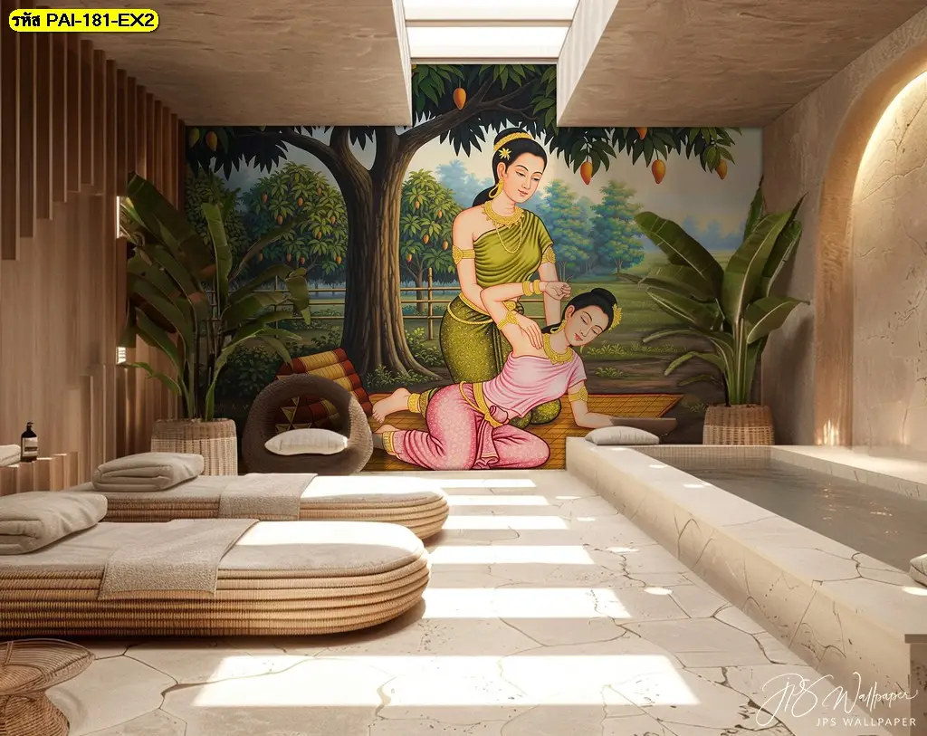 ภาพตกแต่งร้านสปาแนวไทยที่ออกแบบเป็นวอลเปเปอร์ติดผนังห้องนวด เหมาะกับร้านที่ใช้ภาพติดผนังสำหรับร้านนวดแผนโบราณ
