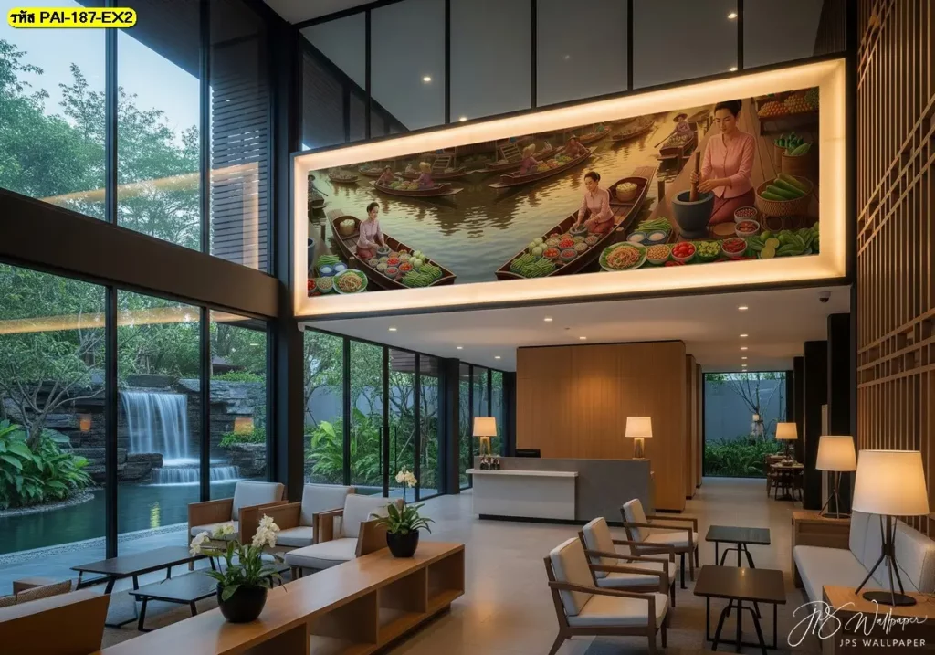 ภาพแม่ค้าขายส้มตำในฉากตลาดอีสาน วอลเปเปอร์ที่ช่วยสร้างอัตลักษณ์ให้ร้าน Wallpaper ตกแต่งร้านอาหารอีสาน ถ่ายทอดบรรยากาศท้องถิ่นอย่างอบอุ่นและร่วมสมัย
