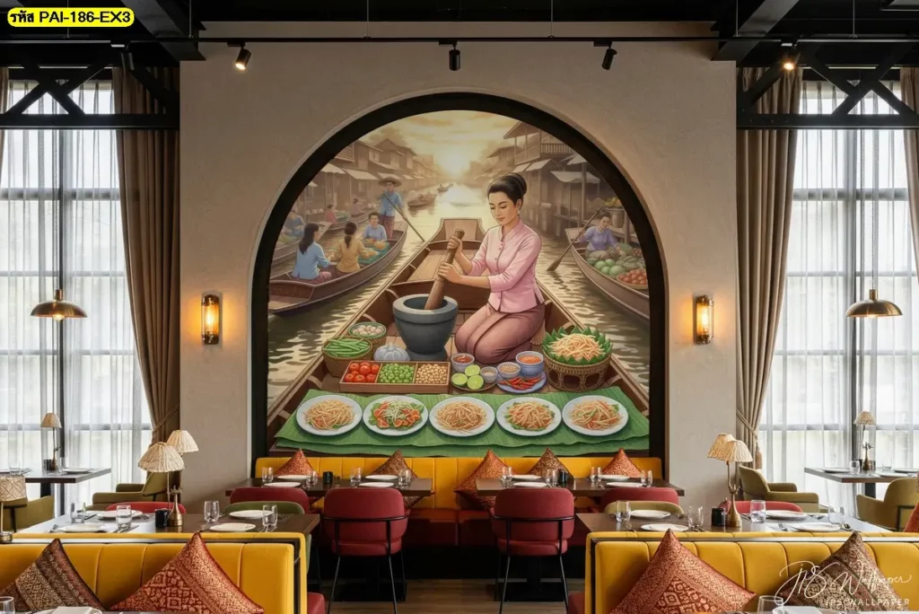 ภาพแม่ค้าขายส้มตำ วอลเปเปอร์ตกแต่งร้านอาหารอีสานที่ช่วยสร้างเอกลักษณ์ร้าน วอลเปเปอร์ลายแม่ค้าส้มตำ รายละเอียดคมชัด ช่วยยกระดับภาพลักษณ์ร้านให้ดูเป็นมืออาชีพ
