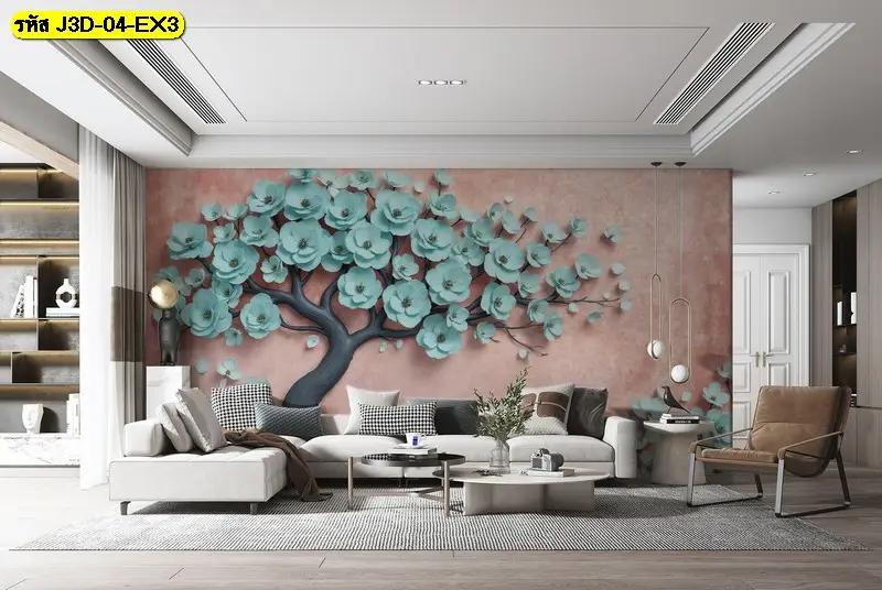 วอลเปเปอร์ดอกไม้สีฟ้า 3 มิติ โทนสงบ ช่วยให้ห้องดูสมดุลและสบายตา ภาพดอกไม้ 3 มิติ สีชมพูและฟ้า สร้างบรรยากาศใกล้ชิดและเป็นกันเอง
