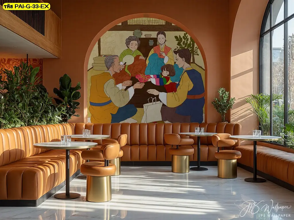 ภาพศิลปะแนวเกาหลีโทนเอิร์ธโทน ช่วยสร้างบรรยากาศสงบและสบายตาให้ร้านอาหารเกาหลี ภาพติดผนังร้านอาหารเกาหลี เส้นสายอ่อนโยน ช่วยลดความแข็งของพื้นที่และทำให้ร้านดูผ่อนคลาย
