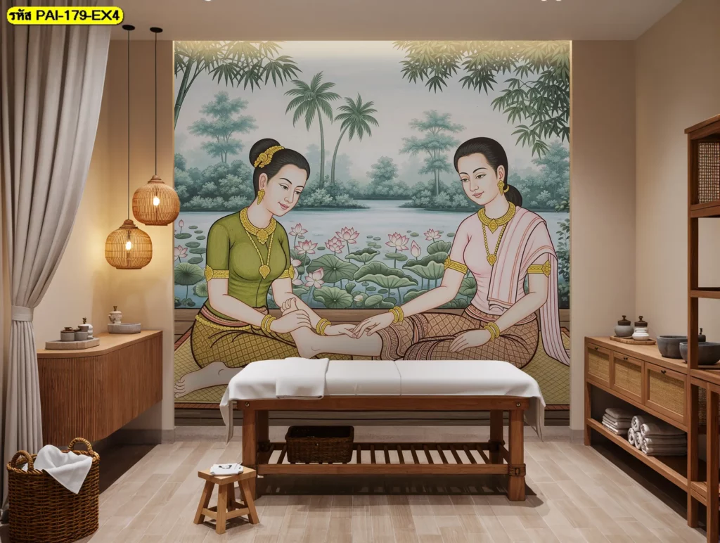 Thai massage mural wallpaper ลวดลายไทยร่วมสมัย ตกแต่งผนังร้านนวดให้มีเอกลักษณ์และมุมถ่ายรูปสวย