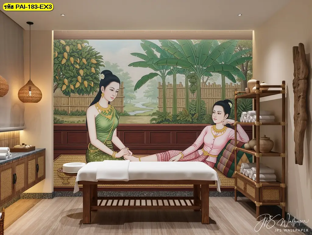 วอลเปเปอร์ติดผนังร้านสปาจากภาพวาดไทยตกแต่งผนังร้านนวด แสดงภาพวาดผู้หญิงไทยนวดที่สื่อถึงความอ่อนโยนของการบริการ
