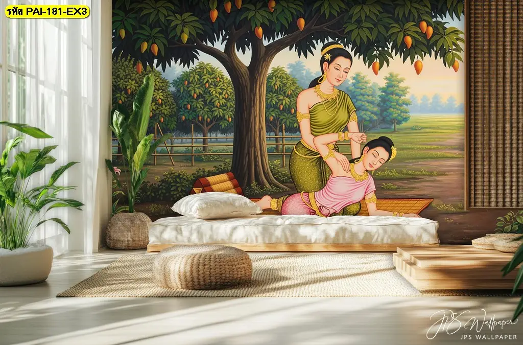 ภาพตกแต่งร้านสปาแนวไทยในรูปแบบวอลเปเปอร์ติดผนังห้องนวด ถ่ายทอดเรื่องราวผ่านภาพติดผนังสำหรับร้านนวดแผนโบราณ
