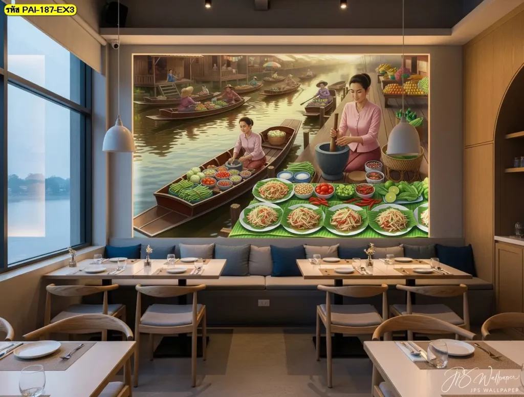 ภาพวาดแม่ค้าขายส้มตำ วอลเปเปอร์ติดผนังร้านอาหารอีสาน ถ่ายทอดความเป็นท้องถิ่นอย่างเป็นธรรมชาติ
