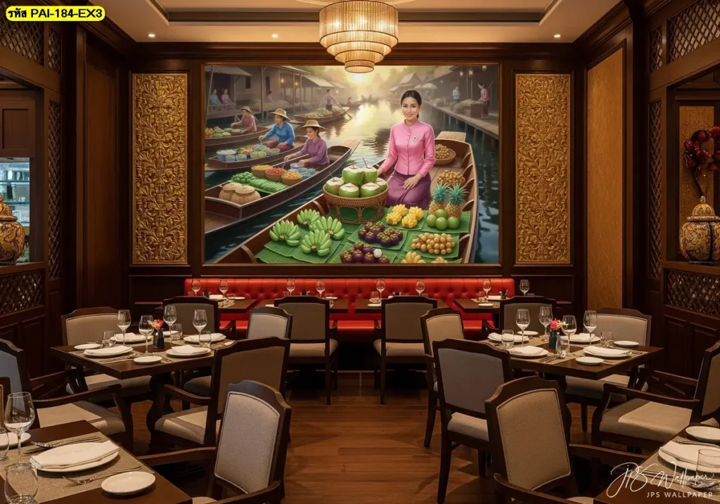 วอลเปเปอร์แม่ค้าขายผลไม้ โทนสีสดใส เพิ่มพลังและความมีชีวิตชีวาให้พื้นที่ร้าน
