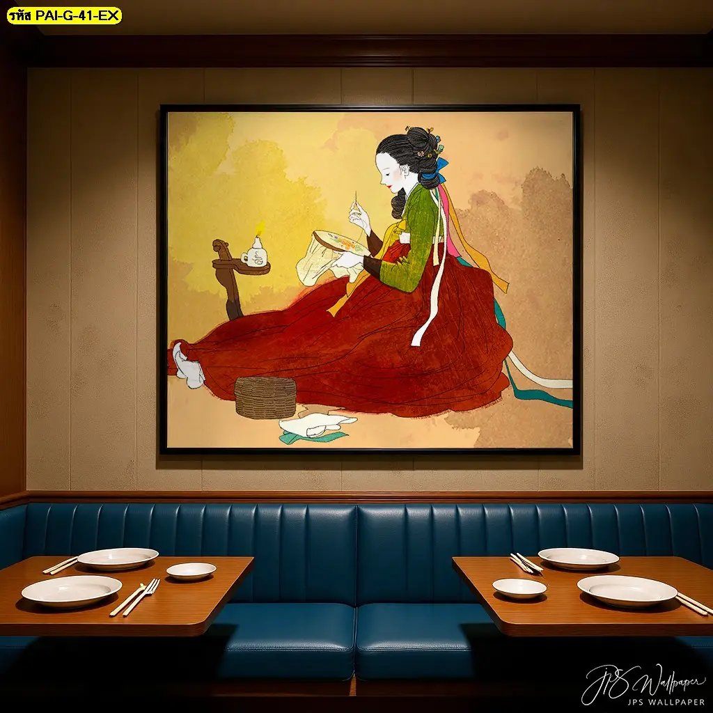 ภาพวอลเปเปอร์หญิงเกาหลีชุดฮันบก ถ่ายทอดวัฒนธรรมเกาหลีอย่างเข้าใจง่าย วอลเปเปอร์ตกแต่งร้านอาหารเกาหลี งานสั่งผลิตเฉพาะพื้นที่จริง ไม่ซ้ำกับร้านทั่วไป
