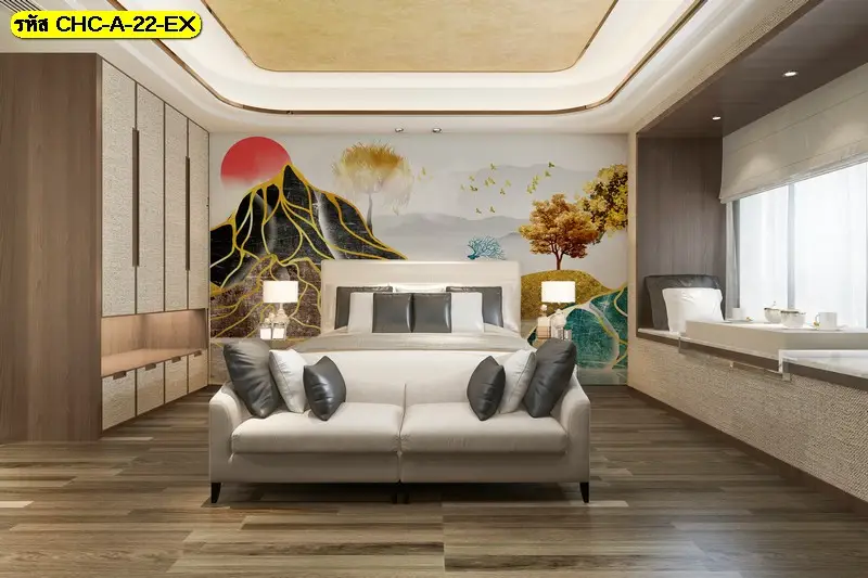 ภาพวาดภูเขาไล่เฉดสีทองนุ่ม สร้างความรู้สึกนิ่งและผ่อนคลาย ภาพภูเขาสีทองบนผนัง ช่วยเพิ่มความลึกโดยไม่ทำให้พื้นที่ดูอึดอัด
