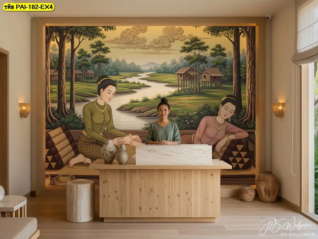 ภาพวาดไทยตกแต่งผนังร้านนวดแบบสั่งผลิต ช่วยให้ภาพไม่ขาดตอนและสื่อสารประสบการณ์ได้ตรงกับแนวคิดร้าน
