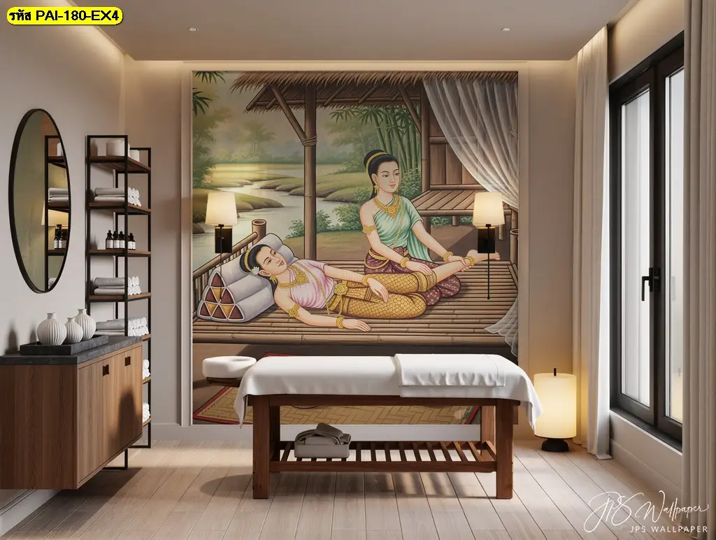 วอลเปเปอร์ติดผนังห้องนวดที่ออกแบบเป็นภาพติดผนังสำหรับร้านนวดแผนโบราณ ช่วยเติมบรรยากาศด้วยภาพตกแต่งร้านสปาแนวไทย และ massage and spa wall mural