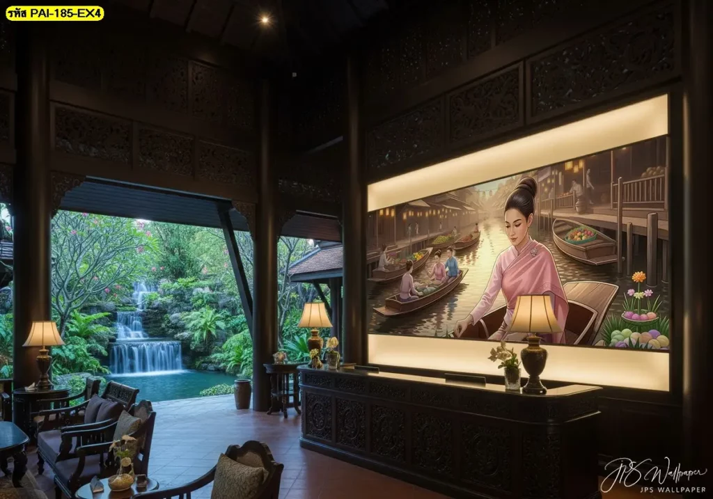 ภาพแม่ค้าขายขนมไทยในตลาดน้ำ วอลเปเปอร์ร้านขนมไทยที่ช่วยสร้างความประทับใจแก่ลูกค้า
