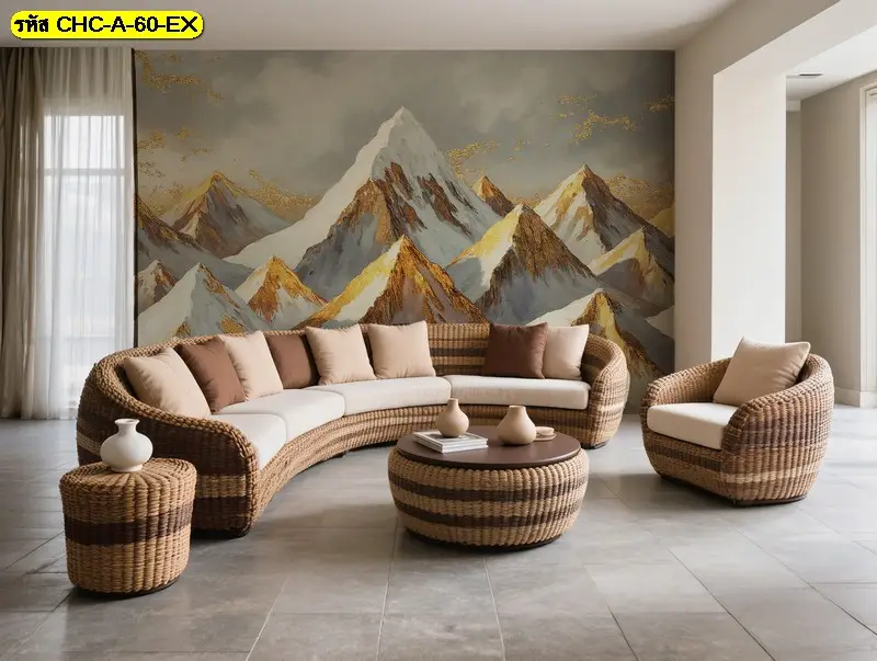 Golden Mountain Wallpaper ที่ช่วยให้ห้องขนาดเล็กดูโปร่งและมีมิติ วอลเปเปอร์ลายภูเขาสีทอง โทนสุขุม เหมาะกับห้องนั่งเล่นหรือพื้นที่พักสายตา
