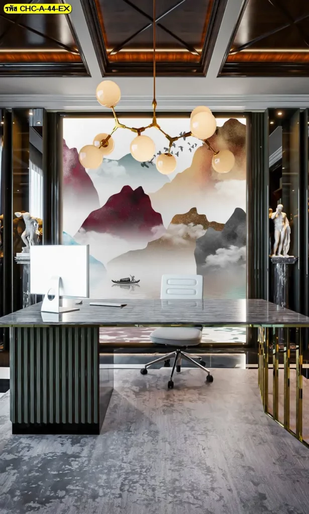 วอลเปเปอร์ลายฮวงจุ้ยภูเขา โทนหมอกและเส้นโค้ง ช่วยสร้างบรรยากาศสงบและสมดุลให้พื้นที่
